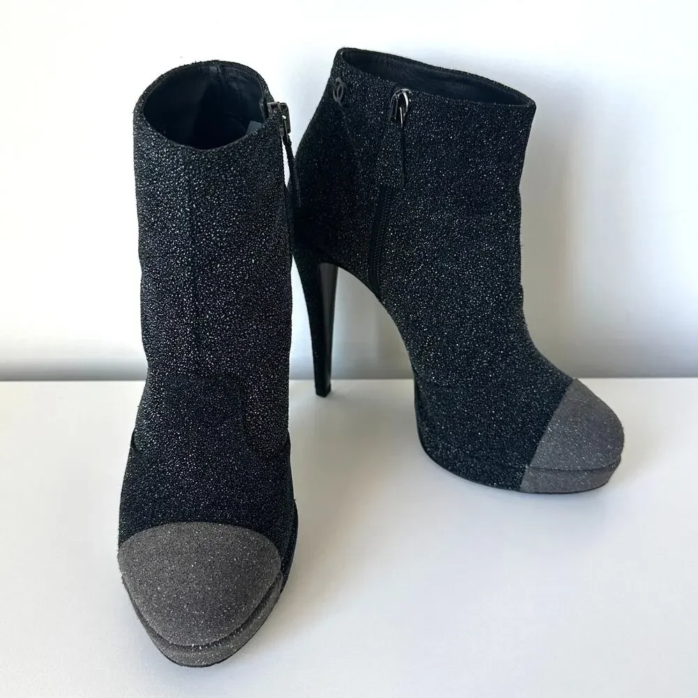 Chanel Black CC Sparkle Glitter Cap Toe Platform Short Boots IT 39